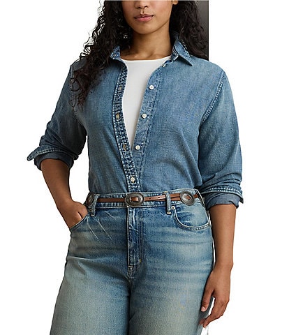 Lauren Ralph Lauren Plus Size Point Collar Long Sleeve Button-Front Shirt