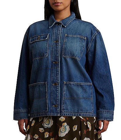 Lauren Ralph Lauren Plus Size Point Collar Long Sleeve Denim Shirt Jacket