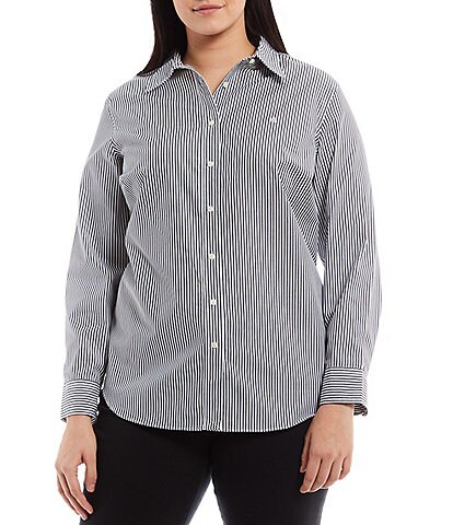 Lauren Ralph Lauren Plus Size Point Collar Long Sleeve Stripe Print Shirt