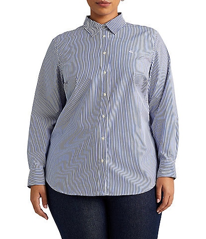 Lauren Ralph Lauren Plus Size Easy Care Striped Print Point Collar Shirttail Hem Long Sleeve Shirt