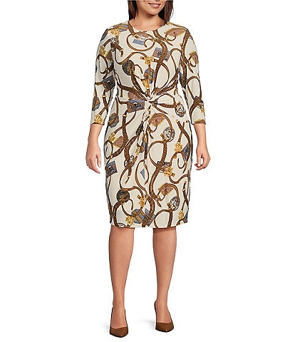 Lauren Ralph Lauren Plus Size Printed Stretch Jersey Round Neck 3/4 Sleeve Front Twist Sheath Dress