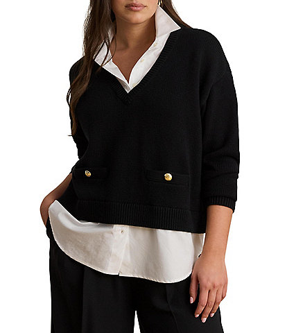 Lauren Ralph Lauren Plus Size Ribbed Knit Combed Cotton V-Neck Long Sleeve Pullover Sweater