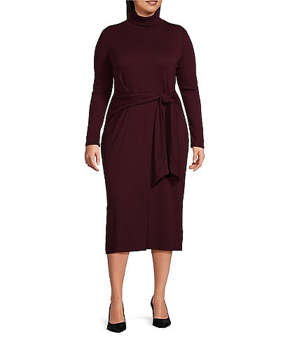 Lauren Ralph Lauren Plus Size Royal Claret Velvet Turtleneck Long Sleeves Self-Tie Slim Fit Dress