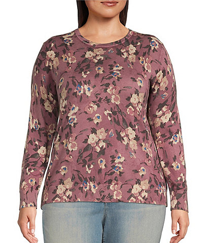 Lauren Ralph Lauren Plus Size Shavone Floral Print Long Sleeve Crew Neck Ribbed Hem Sweater
