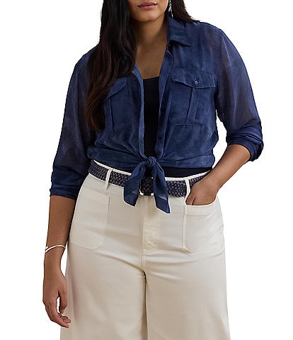 Lauren Ralph Lauren Plus Size Sheer Chiffon Cerulean Print Point Collar Long Sleeve Shirt