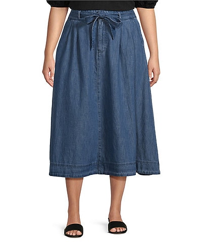 Lauren Ralph Lauren Plus Size Shirlaine Denim A-Line Pleated Belted Skirt