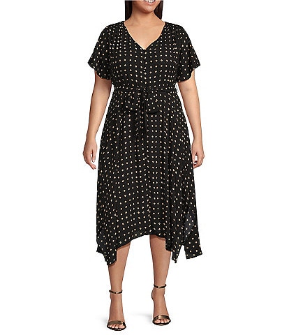 Lauren Ralph Lauren Plus Size Short Flutter Sleeve V-Neck Geo Print Crepe Asymmetrical Hem A-Line Midi Dress