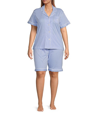 Lauren Ralph Lauren Plus Size Short Sleeve Notch Collar Bermuda Short Striped Knit Pajama Set