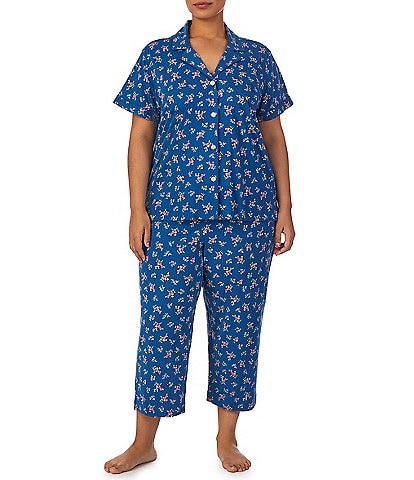 Lauren Ralph Lauren Plus Size Short Sleeve Notch Collar Jersey Knit Capri Pant Ditsy Floral Pajama Set