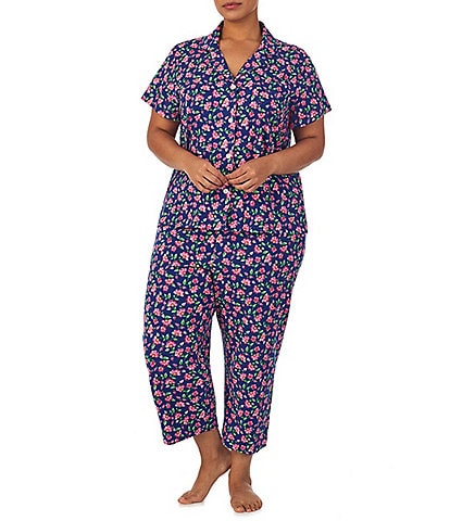 Lauren Ralph Lauren Plus Size Short Sleeve Notch Collar Jersey Knit Multi Floral Cropped Pant Pajama Set