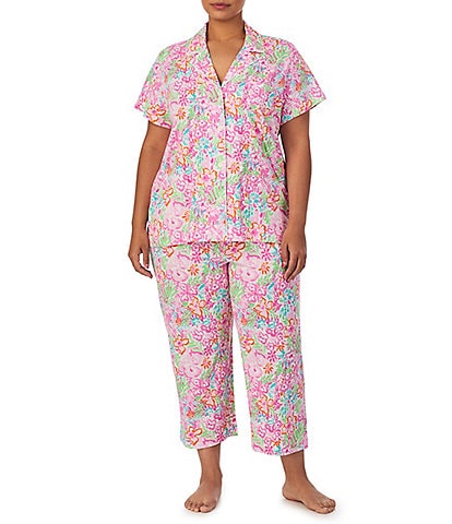 Lauren Ralph Lauren Plus Size Short Sleeve Notch Collar Knit Floral Capri Pajama Set