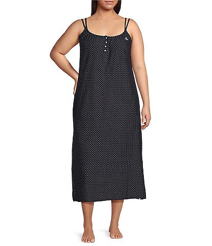 Lauren Ralph Lauren Plus Size Sleeveless Double Strap Long Knit Dotted Nightgown