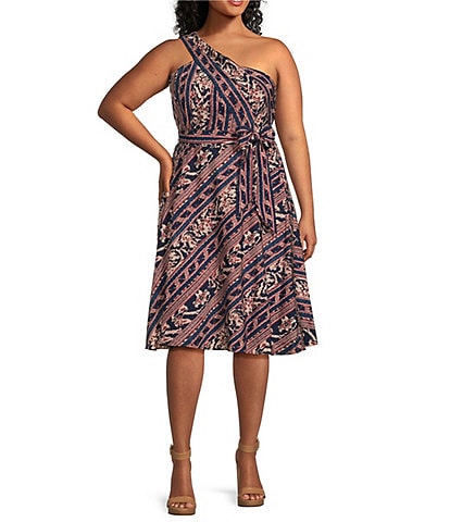 Lauren Ralph Lauren Plus Size Sleeveless One Shoulder Geo-Striped Tie Waist Dress