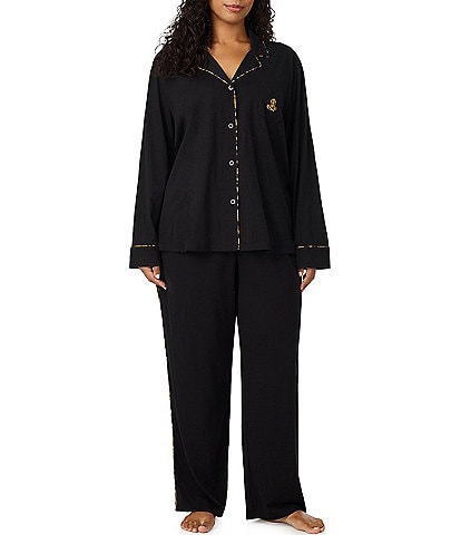 Lauren Ralph Lauren Plus Size Solid Long Sleeve Notch Collar Jersey Knit Pant Pajama Set