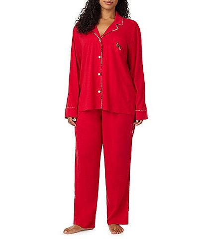 Lauren Ralph Lauren Plus Size Solid Long Sleeve Notch Collar Jersey Knit Pant Pajama Set