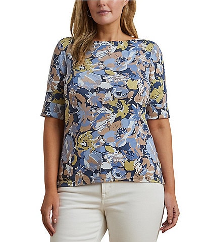 Lauren Ralph Lauren Plus Size Stretch Cotton Floral Boatneck Elbow-Length Sleeve T-Shirt