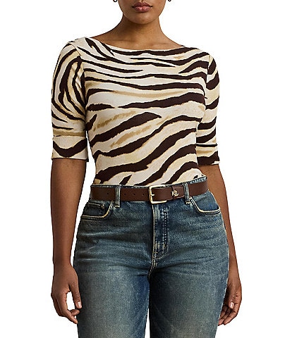 Lauren Ralph Lauren Plus Size Stretch Cotton Zebra Boat Neck Elbow Sleeve Tee