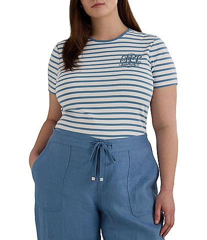 Lauren Ralph Lauren Plus Size Stretch Monogram LRL Stripe Crew Neck Short Sleeve Tee Shirt