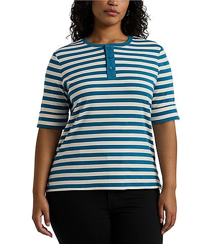 Lauren Ralph Lauren Plus Size Stretch Yarn-Dye Striped Contrast Trim Crew Neck Elbow Sleeve Henley Tee