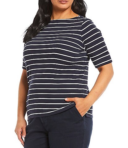 Lauren Ralph Lauren Plus Size Stripe Boat Neck Short Sleeve T-Shirt