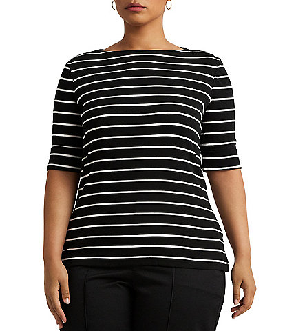 Lauren Ralph Lauren Plus Size Stripe Boat Neck Short Sleeve T-Shirt