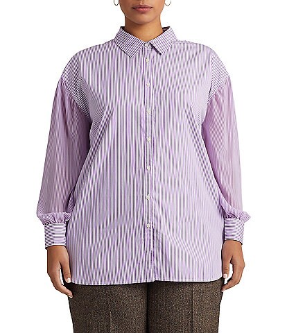 Lauren Ralph Lauren Plus Size Stripe Print Broadcloth Spread Collar Long Sleeve Button Front Shirt