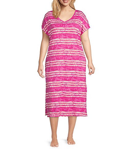 Lauren Ralph Lauren Plus Size Stripe Print French Terry Crew Neck Short Sleeve Nightgown