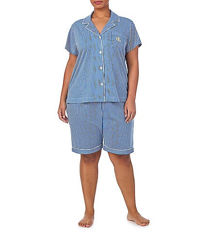 Lauren Ralph Lauren Plus Size Stripe Print Short Sleeve Notch Collar Knit Bermuda Shorty Pajama Set