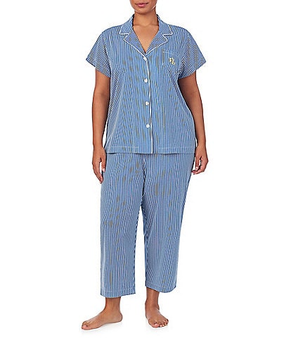 Lauren Ralph Lauren Plus Size Stripe Print Short Sleeve Notch Collar Knit Cropped Pajama Set