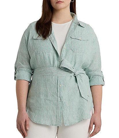 Lauren Ralph Lauren Plus Size Striped Belted Point Collar Long Sleeve Button Down Shirt