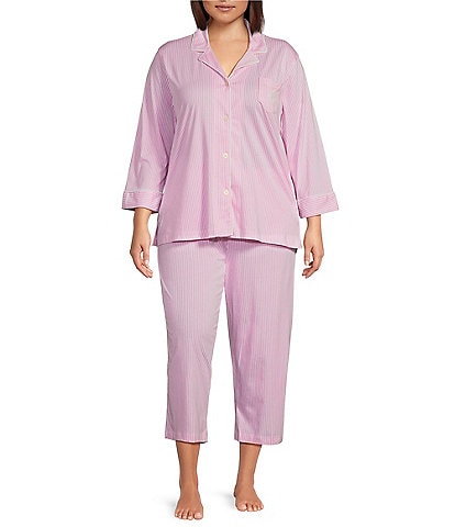 Lauren Ralph Lauren Plus Size Striped Notch Collar 3/4 Sleeve Button Front Capri Pajama Set