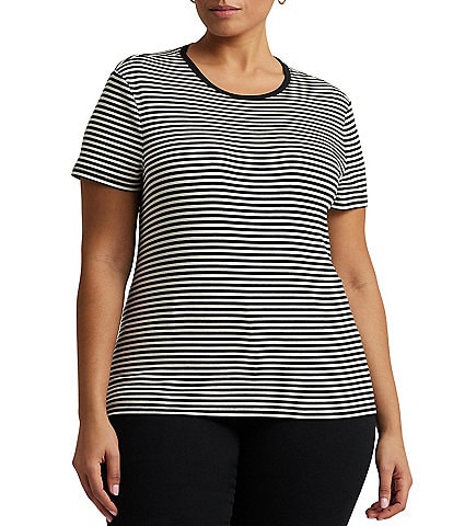 Lauren Ralph Lauren Plus Size Striped Print Stretch Cotton Crew Neck Short Sleeve Tee Shirt