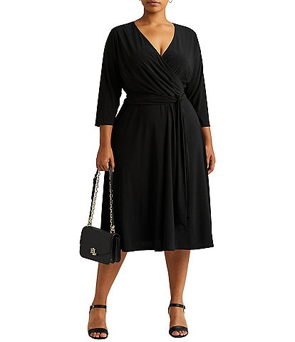 Lauren Ralph Lauren Plus Size Surplice V-Neck 3/4 Sleeve Matte Jersey A-Line Midi Dress
