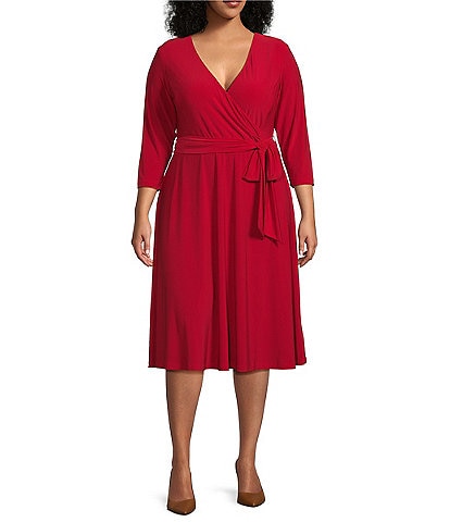 Lauren Ralph Lauren Plus Size V-Neck 3/4 Sleeve Tie Waist Midi Jersey Dress