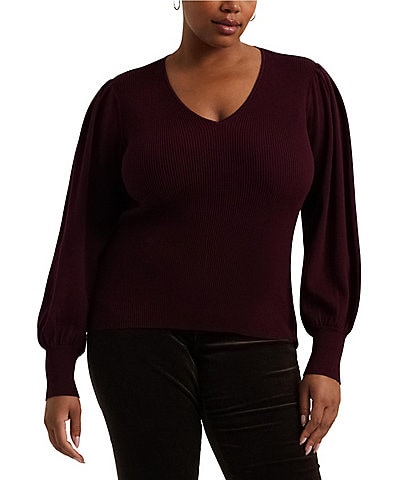 Lauren Ralph Lauren Plus Size V-Neck Voluminous Long Blouson Sleeve Slim Fit Sweater