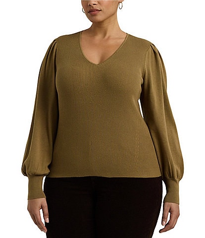 Lauren Ralph Lauren Plus Size V-Neck Voluminous Long Blouson Sleeve Slim Fit Sweater