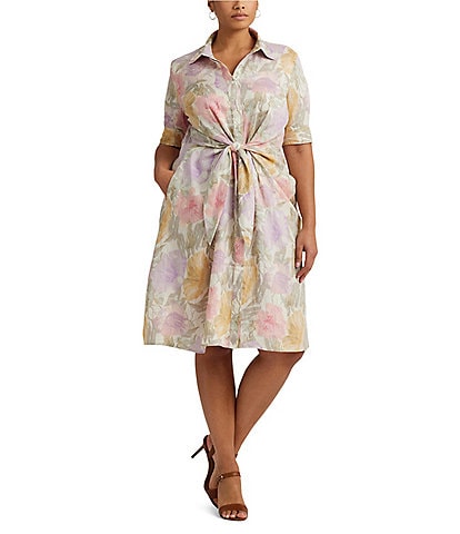Lauren Ralph Lauren Plus Size Wakana Floral Tie Front Linen Midi Dress