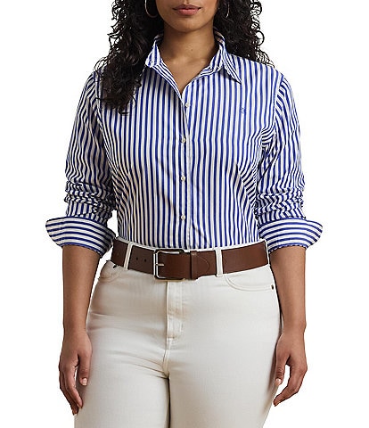 Lauren Ralph Lauren Plus Size Woven Stripe Point Collar Long Sleeve Button Front Broadcloth Shirt