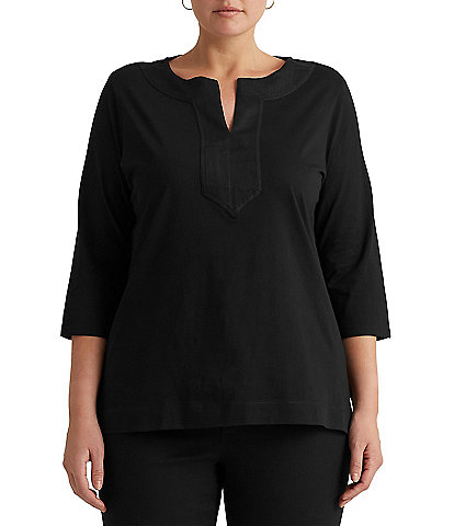 Lauren Ralph Lauren Plus Size Split V-Neck 3/4 Sleeve Woven Trim Knit Top