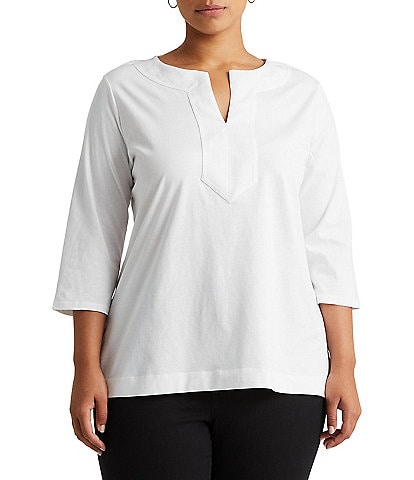 Lauren Ralph Lauren Plus Size Split V-Neck 3/4 Sleeve Woven Trim Knit Top