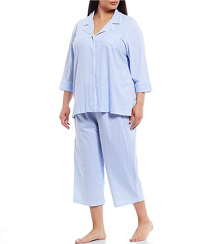 Lauren Ralph Lauren Plus Size Striped Print Notch Collar 3/4 Sleeve Button Front Jersey Knit Capri Pajama Set