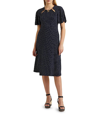 Lauren Ralph Lauren Polka Dot Short Sleeve Chain Embellishment A-Line Midi Dress