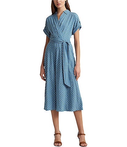 Lauren Ralph Lauren Polka-Dot Spread Collar Short Sleeve Tie Waist Midi Dress