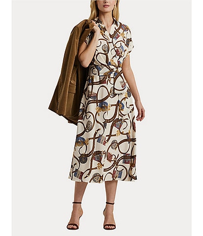 Lauren Ralph Lauren Printed Crepe Collar Surplice Neck Roll-Tab Short Sleeve Tie Waist Wrap Midi Dress