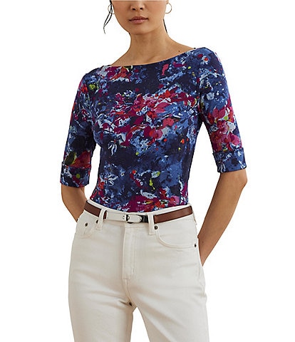 Lauren Ralph Lauren Printed Stretch Cotton Boat Neck Elbow Sleeve T-Shirt