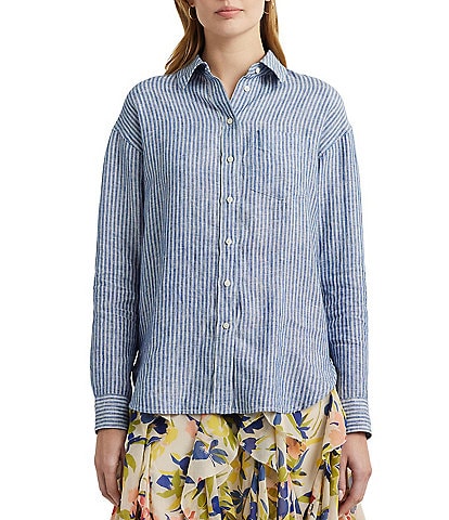 Lauren Ralph Lauren Relaxed Fit Pinstripe Linen Button Front Shirt