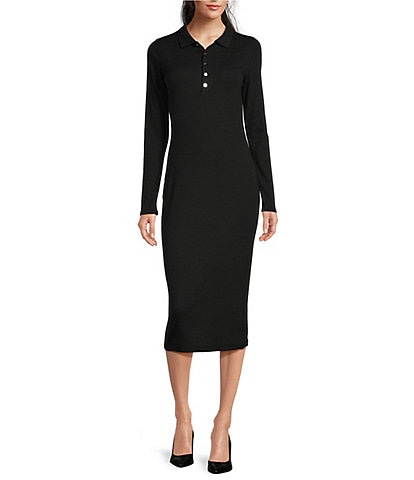 Lauren Ralph Lauren Rib-Knit Cotton Blend Polo Collar Long Sleeve Bodycon Dress