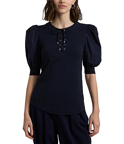 Lauren Ralph Lauren Rib-Knit Stretch Lace-Up Puff Sleeve Top