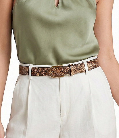Lauren Ralph Lauren Rounded Buckle Python Embossed Skinny Leather Belt