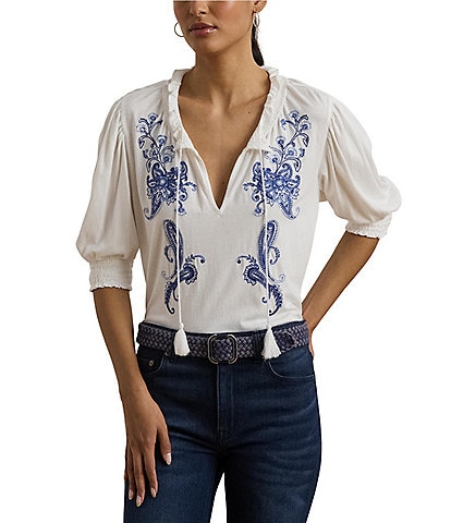 Lauren Ralph Lauren Ruffle Knit Jersey Paisley Floral Split V-Neck 3/4 Puff Sleeve Smocked Embroidered Top